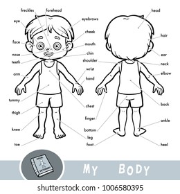 Cartoon visual dictionary for children about the human body. My body parts for a boy. 