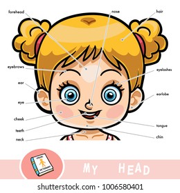 Cartoon visual dictionary for children about the human body. My head parts for a girl. 
