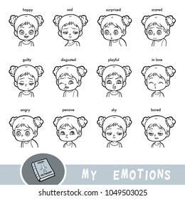 Cartoon visual dictionary for children. The human emotions. Set of girl faces with different expressions