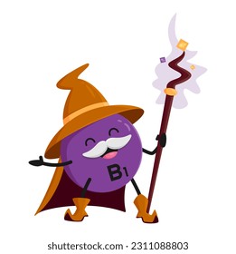 Cartoon vitamin B1 mage character. Vector wizard thiamine micronutrient capsule holding staff. Magical food supplement personage wear cloak and pointed hat. Isolated purple sorcerer pill drug warlock