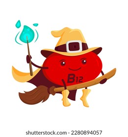 Cartoon vitamin B12 magician character. Vector cobalamin micronutrient capsule in wizard costume flying on broom holding sparkling magic staff. Isolated funny food supplement magus sorcerer personage