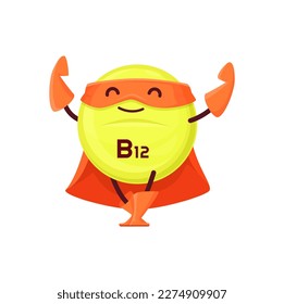 Cartoon vitamin B12 superhero character. Isolated vector cyanocobalamin comics book personage in super hero mask and cape. Food supplement defender ball on guard of health. Chemical balance element