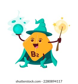 Cartoon vitamin B2 wizard character. Vector funny riboflavin capsule sorcerer personage holding magical staff and energy ball. Isolated positive micronutrient pill wearing long witch cloak and pointed