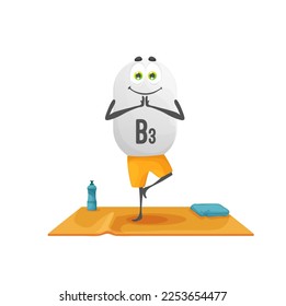 Cartoon vitamin B3 character on yoga fitness. Nicotinic acid personage meditate in standing pose on mat. Isolated vector capsule in asana posture on one leg, natural healthy food element on yogi class