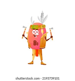 Cartoon Vitamin B3 Indian Chief. Isolated Vector Niacin Micronutrient Character, Native American Wild West Personage In Feather Tribal Headband And Cherokee Costume Hold Axes In Hands