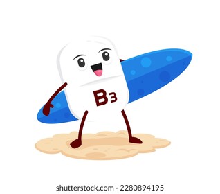 Cartoon vitamin B3 with surf board. Micronutrient, vitamin pill or food supplement dragee cheerful vector personage. Healthy nutrition mineral capsule happy character or funny mascot with surfboard