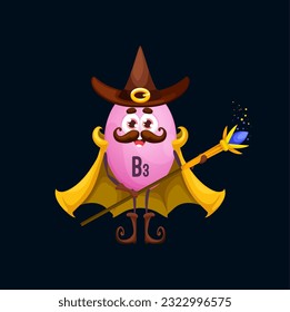 Cartoon vitamin B3 wizard character personage. Vector niacin capsule in sorcerer pointed hat and cloak. Nutritional supplement warlock holding magic staff. Isolated moustached mage pill nutrient