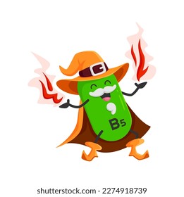 Cartoon vitamin B5 mage character. Vector pantothenic acid capsule wizard, food supplement personage with magic fires. Isolated moustached nutrient sorcerer in witch hat and cloak casts incantation