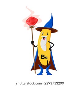 Cartoon vitamin B6 wizard character. Vector pyridoxine micronutrient capsule. Isolated yellow funny nutrient magician or sorcerer personage with moustaches and beard holding magic staff