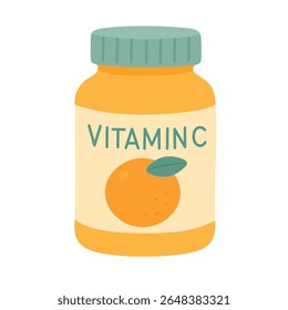Cartoon vitamin C bottle with orange fruit label. Flat vector supplement and health illustration.