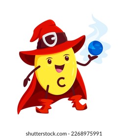 Cartoon vitamin C wizard character. Vector ascorbic acid micronutrient capsule, magical nutritional supplement personage with energy ball. Isolated funny mage in cloak and pointed hat casting spell