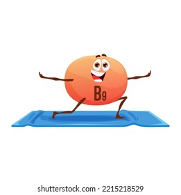 Cartoon vitamin character, B9 personage on yoga fitness. Isolated vector happy folic acid capsule sports exercises. Funny bubble stand in asana pose on mat. Natural food supplement on yogi practice