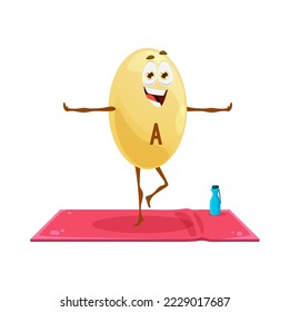 Cartoon vitamin A character, Retinol personage on yoga or fitness workout. Vector micronutrient capsule stand on mat in yogi pose on one leg with outspread arms. Comic food supplement wellness, sport