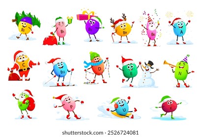 Cartoon vitamin characters on Christmas winter holiday with Santa gifts, vector micronutrients. Funny happy vitamin B, E and C with Christmas tree and snowman, riding sledge or skating on ice rink