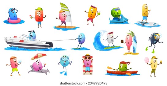 Personajes de caricatura sobre vitamina en las vacaciones de verano. Vector b9 y A, b2, u, c y e, P, n, b1 y h, d, y k personal de píldoras de cápsulas en deportes de playa de verano y vacaciones