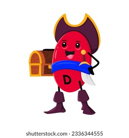Cartoon vitamin D, Cholecalciferol and micronutrient pirate or corsair character. Isolated vector capsule dressed in full rover suit with cocked hat, boots and sword over the belt with treasure chest