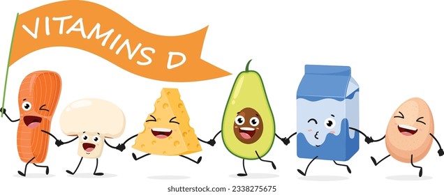 Cartoon vitamin D Fruits and vegetables , set of Cute characters, Isolated on white background