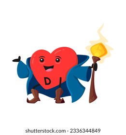 Cartoon vitamin D sorcerer character, calciferol micronutrient wizard, magician or sorcerer. Isolated vector heart shaped capsule mage, food supplement drug personage casting spell with magic staff