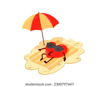 Caricatura de vitamina e en la playa. Cápsula de micronutrientes, dragón de vitamina o suplemento alimenticio de carácter vector feliz de la píldora. Nutrición saludable personal mineral divertido o tomar el sol en la playa