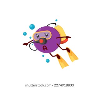 Cartoon Vitamin E Taucher Charakter. Micronutrient Tablette, Nahrungsergänzungsmittel Pille oder Vitamin Kapsel lustige Vektorfigur. Gesunde Ernährung mineralische Dragee fröhliches Maskottentauchen in Maske und Flossen