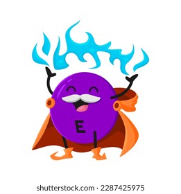 Cartoon vitamin E sorcerer character. Vector tocopherol cheerful purple capsule wear wizard cloak perform incantation with magic powerful lightning in hands. Isolated moustached funny mage personage