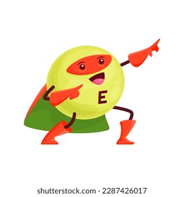 Cartoon vitamin E superhero character. Vector tocopherol micronutrient defender, comics book personage posing in cape and mask. Ball or dragee supplement, fantasy super hero medical bubble