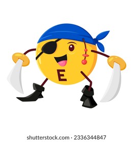 Cartoon vitamin E, Tocopherol micronutrient pirate or corsair character. Isolated vector pill in rover outfit. Medical capsule nautical personage dressed in buccaneer costume with eyepatch and swords