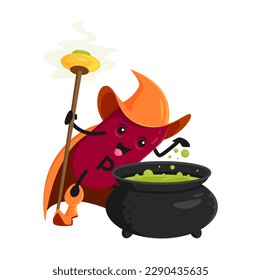 Cartoon vitamin flavonoids or phosphorus micronutrient wizard character. Isolated vector P warlock personage wear cape and hat holding magic staff, cooking brew in pot. Funny supplement mage or wiz