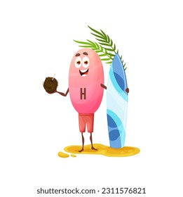 Cartoon vitamin H character with surfboard. Isolated vector biotin personage standing on sand holding coconut cocktail. Cheerful food supplement capsule resting on summer beach with palm leaves