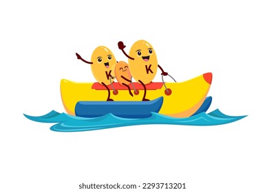 Cartoon vitamin K characters on banana water. Vitamin, micronutrient capsule or food supplement pill cute vector family personages. Healthy nutrition mineral dragee happy mascots on summer vacation