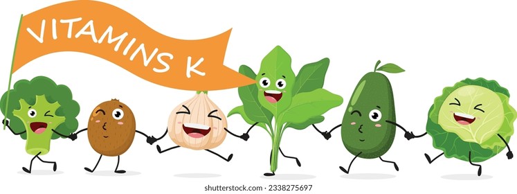 Cartoon vitamin K Fruits and vegetables , set of Cute characters, Isolated on white background