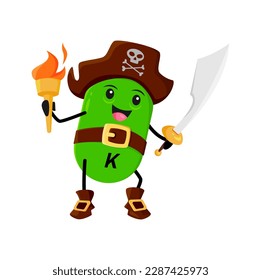 Cartoon vitamin K, phylloquinone micronutrient pirate or corsair character dressed as buccaneer captain. Isolated vector playful and adventurous supplement with sword and torch, funny medical pill