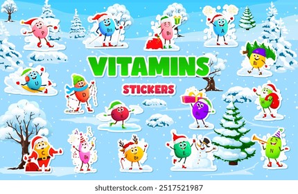 Cartoon vitamin and micronutrient characters stickers pack. Colorful supplement capsules enjoying winter wonderland, and outdoor Christmas holiday activities, emphasizing health, nutrition, and joy