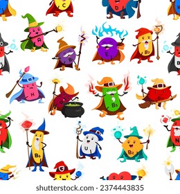 Cartoon vitamin and micronutrient wizard characters seamless pattern. Vector tile background with food supplements capsules mage and sorcerer personages with magical pots, wands and staffs cast spells