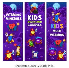 Cartoon vitamin and micronutrient wizards, mages and sorcerers. Vector kids Halloween banners with B5, P and B3, U, K and E, B5, D, C and B6 capsules personages cast spells in night forest