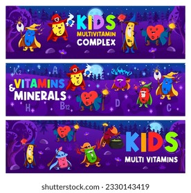 Cartoon vitamin and micronutrient wizards, mages and sorcerers. Vector horizontal banners with funny capsules for healthy living. K, C, B6 and E, N, H, B5 and P food supplement Halloween personages