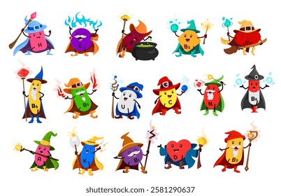 Cartoon vitamin and micronutrient wizards, mages, magicians and sorcerer characters. Vector U, C and E. P, N, B1, A and H with D, K and B9, B3 and B6 magician personages wear witch attire