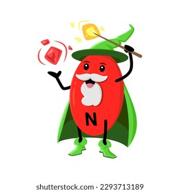 Cartoon vitamin N mage character. Lipoic acid micronutrient sorcerer capsule holding magic wand and sphere. Vector nutritional supplement personage wearing witch hat and cloak, fantasy wizard pill