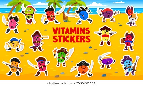 Paquete de pegatinas de personajes piratas y corsarios de vitaminas de dibujos animados. Vector de parches de vitamina E, D, B1, 5 y 9, H o B6. C, U, N y , K, P, B2, B3 y 12 en la playa con palmeras, océano y cielo brillante