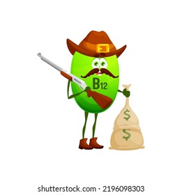 Cartoon Vitamin Ranger Character With Money. B12 Cowboy Personage With Rifle Gun And Sack. Isolated Vector Robber Wear Ranger Hat And Boots Robbed Bank. Funny Green Capsule Character