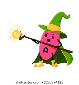 Cartoon vitamin A sorcerer character. Vector retinol capsule holding magic staff. Isolated warlock micronutrient pill personage wearing green pointed hat and cloak. Fantasy nutrient tablet or drug