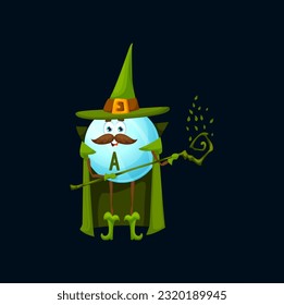 Cartoon vitamin A sorcerer character. Vector retinol capsule holding magic staff. Isolated warlock ball pill personage with moustaches wearing green pointed hat and cloak. Fantasy nutrient tablet