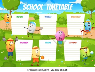 Cartoon vitamin sportsman characters. Timetable schedule or kid study weekly planner vector template with Se, Ca, Fe and Cl, Mg, Na vitamins funny personages playing ball, running and jumping in park