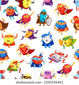 Cartoon vitamin superhero characters seamless pattern. Vector tile background with super hero food supplement capsule personages. Defenders and knights with swords, shields, lightnings, bow and arrows