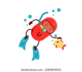 Cartoon vitamin U diver character. Vitamin tablet, healthy nutrition mineral capsule or micronutrient dragee cute vector personage doing scuba diving. Food supplement pill character or cheerful mascot