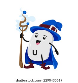 Cartoon vitamin U wizard character. Vector smethylmethionine food supplement capsule holding magic staff. Isolated micronutrient enchanter in hat with buckle. Positive mage personage with smiling face