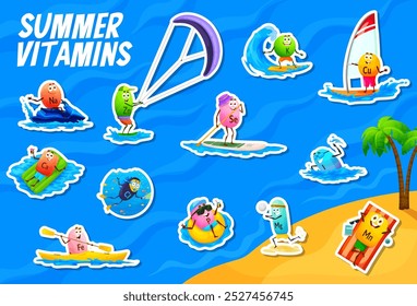 Cartoon vitamins and micronutrients on summer vacation, vector characters stickers. Funny happy vitamin characters on summer holiday at sea, kayaking or swimming and snorkeling or surfing on waves