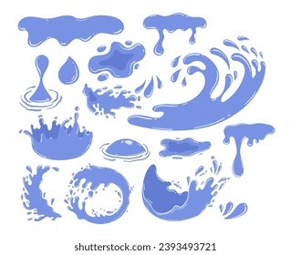 Cartoon Vivid Water Splashes Dance In The Air, Frozen In A Moment Of Liquid Chaos. Crystal Droplets Reflect Light, Capturing The Essence Of Dynamic And Ephemeral Aquatic Energy. Vector Illustration