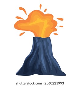 Cartoon volcano erupting, with molten lava flowing down its sides