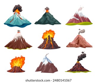 Cartoon volcano eruption. Active volcanoes exploding fire lava and volcanic ashes, dark mountain rock crater erupting magma explosion dust cloud ash, ingenious vector illustration